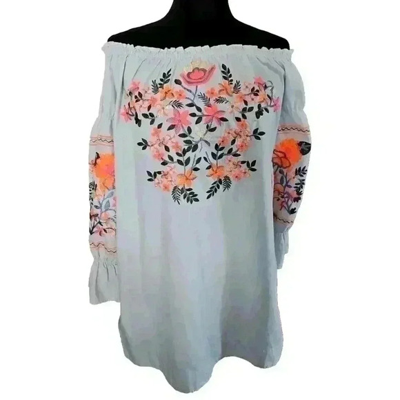 Free People Womens Blue Fleur Du Jour Embroidered Dress Off Shoulder Boho Sz S - Picture 3 of 14